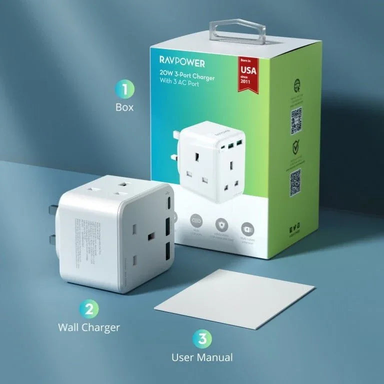 Ravpower PD 20W Wall Charger Uk Version With 3 Ac Port - White - Tashqila Ravpower PD 20W Wall Charger Uk Version With 3 Ac Port - White - Tashqila